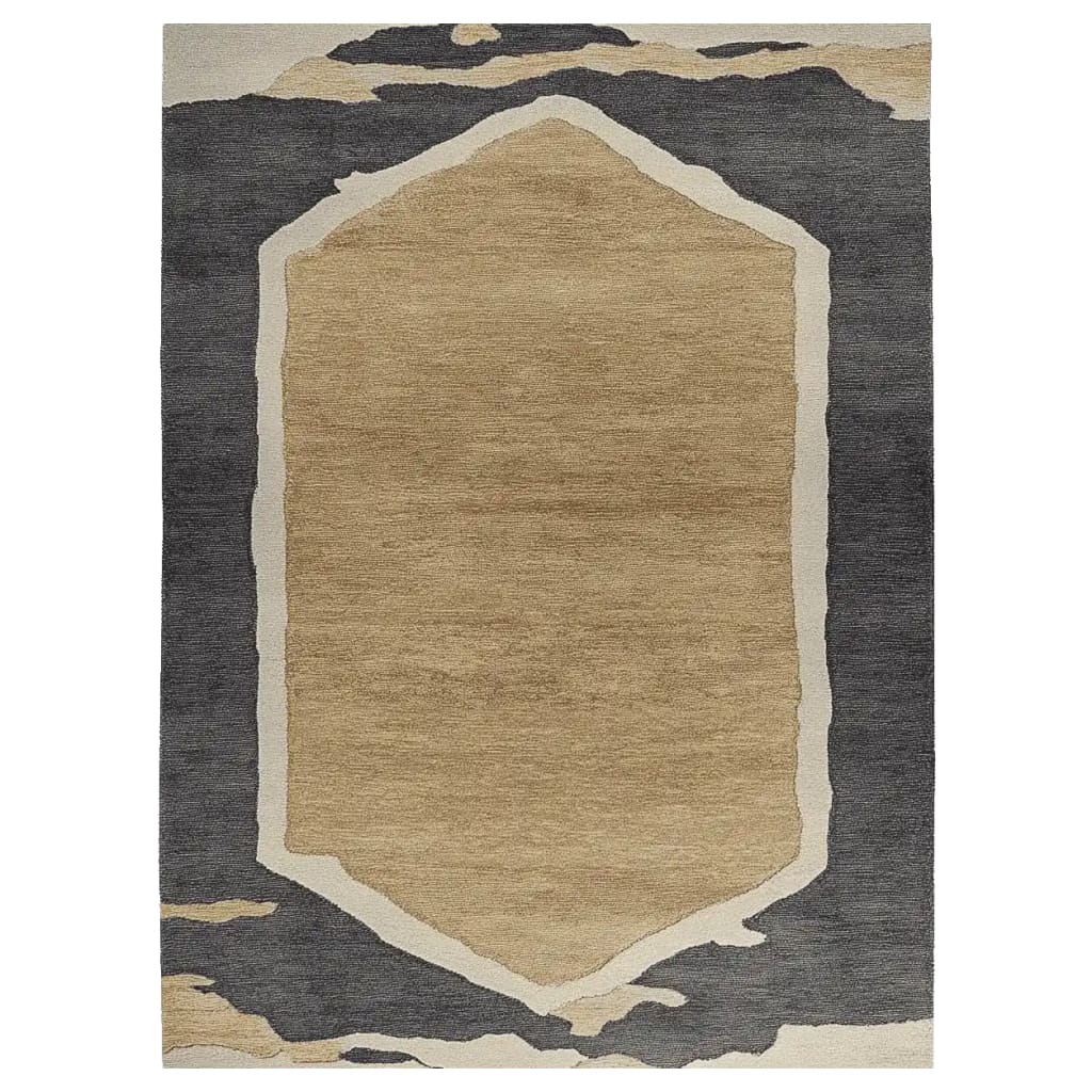 Top view of the Stone Dune Border Hand Tufted Rug, a contemporary area rug with a beige center framed by abstract dark and light gray border patterns. Ideal for enhancing living room spaces, this 8x10 wool rug combines modern design with natural hues.