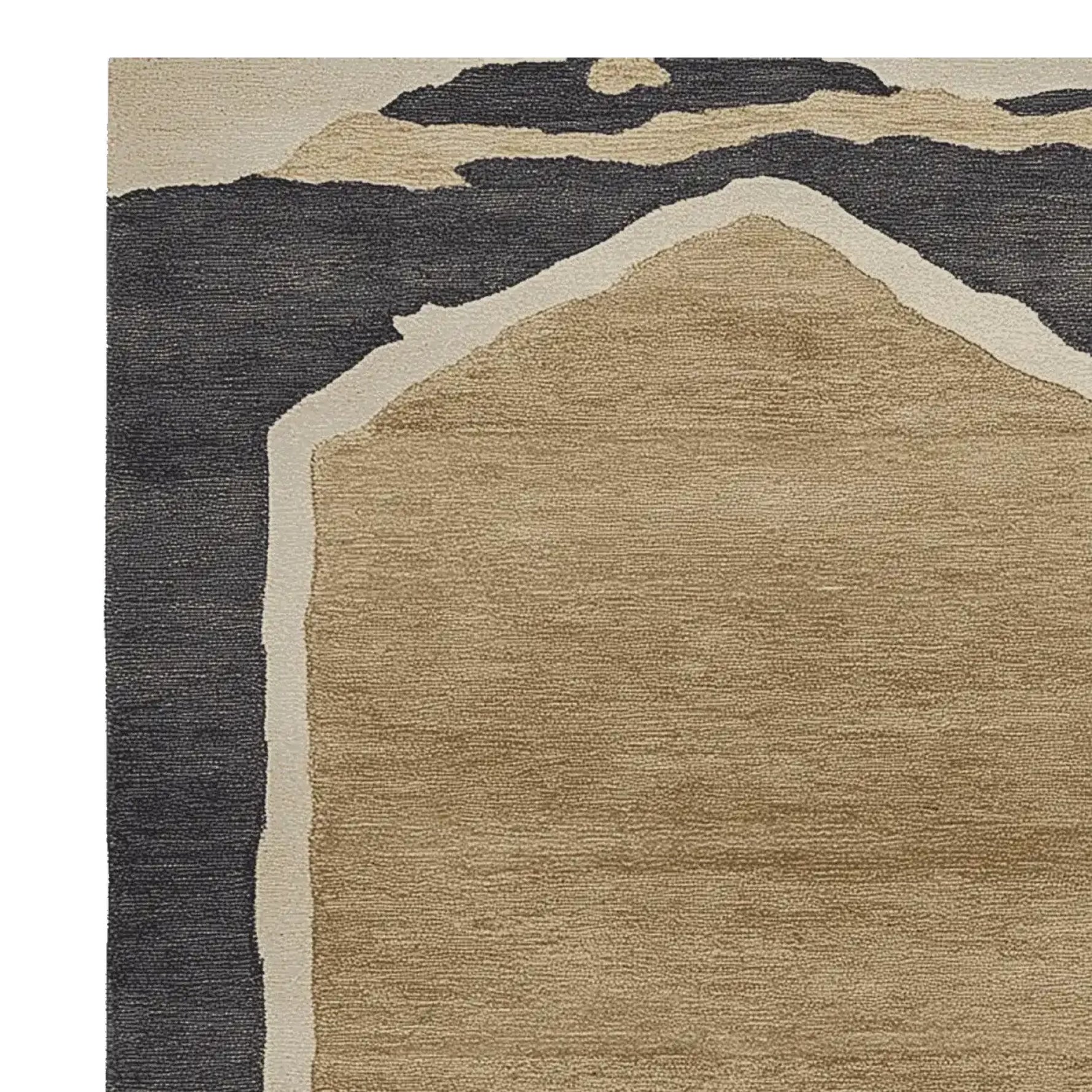 Close-up view of a contemporary area rug showcasing a unique stone dune border design. This hand tufted wool rug, ideal for living room spaces, features a blend of earthy tones in a modern abstract pattern. Perfect for those seeking stylish living room rugs in an 8x10 dimension.