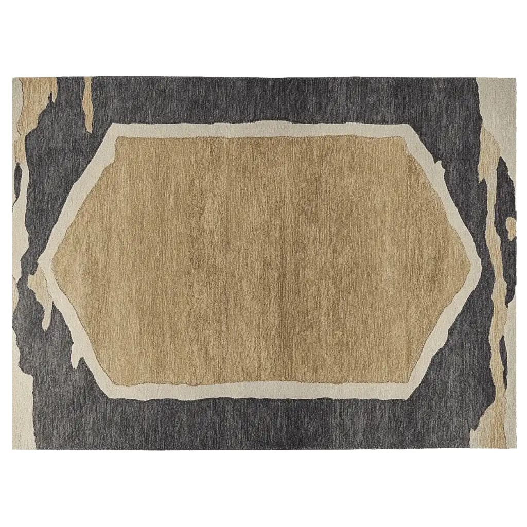 Top view of the Stone Dune Border Hand Tufted Rug, showcasing its elegant abstract design. This contemporary wool rug in neutral tones is perfect for living room area rugs, offering a stylish touch to any space. Ideal for those seeking living room rugs in 8x10 dimensions, this area rug combines modern aesthetics with cozy comfort.