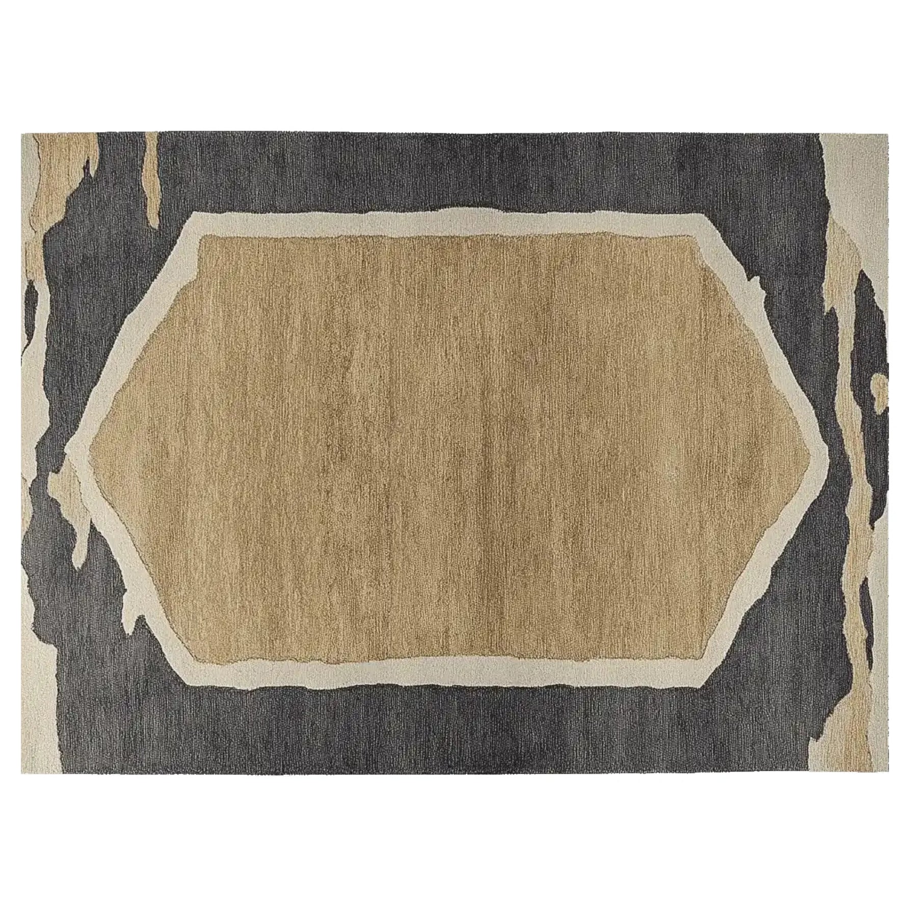 Top view of the Stone Dune Border Hand Tufted Rug, showcasing its elegant abstract design. This contemporary wool rug in neutral tones is perfect for living room area rugs, offering a stylish touch to any space. Ideal for those seeking living room rugs in 8x10 dimensions, this area rug combines modern aesthetics with cozy comfort.