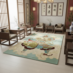 Living room with a large decorative  asian rug featuring a traditional design, surrounded by wooden furniture and Chinese calligraphy on the wall.