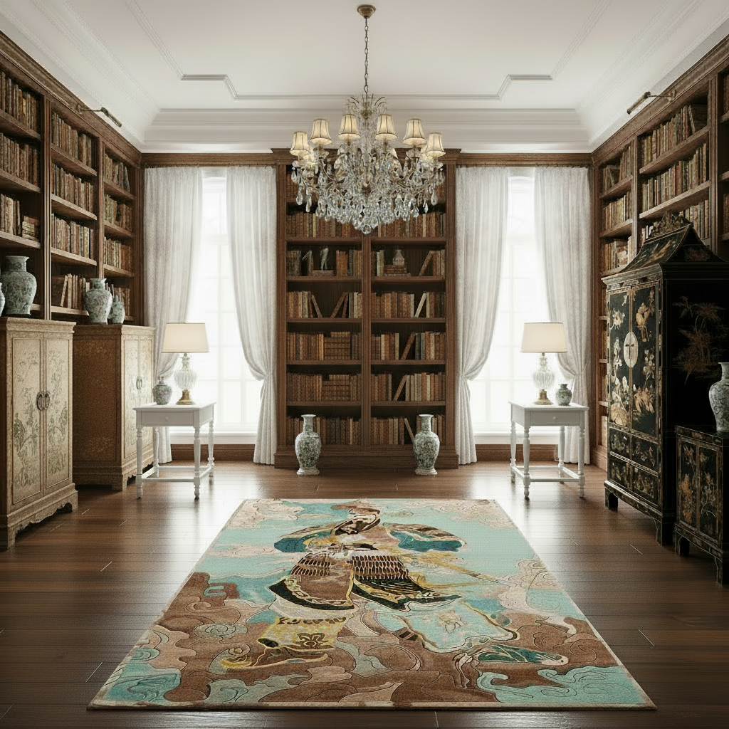 Luxurious room with bookshelves, a chandelier, and a decorative rug.