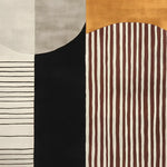 A contemporary area rug with a striking geometric design featuring blocks of black, beige, and mustard colors. The rug showcases a mix of straight and wavy stripes, perfect for adding a modern touch to large living rooms. Made from wool, this hand-tufted rug is ideal for those seeking stylish rugs for living room décor.