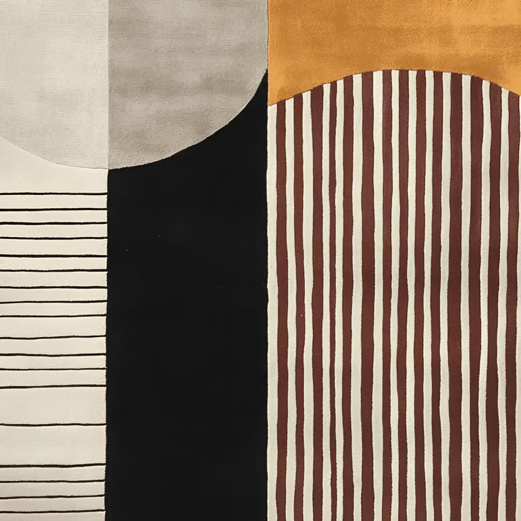 A contemporary area rug with a striking geometric design featuring blocks of black, beige, and mustard colors. The rug showcases a mix of straight and wavy stripes, perfect for adding a modern touch to large living rooms. Made from wool, this hand-tufted rug is ideal for those seeking stylish rugs for living room décor.
