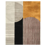 Explore the Stripe Harmony Hand Tufted Area Rug, a perfect contemporary rug for modern living rooms. This wool rug features a striking abstract design with geometric patterns in beige, black, and warm mustard tones, ideal for large living room spaces.