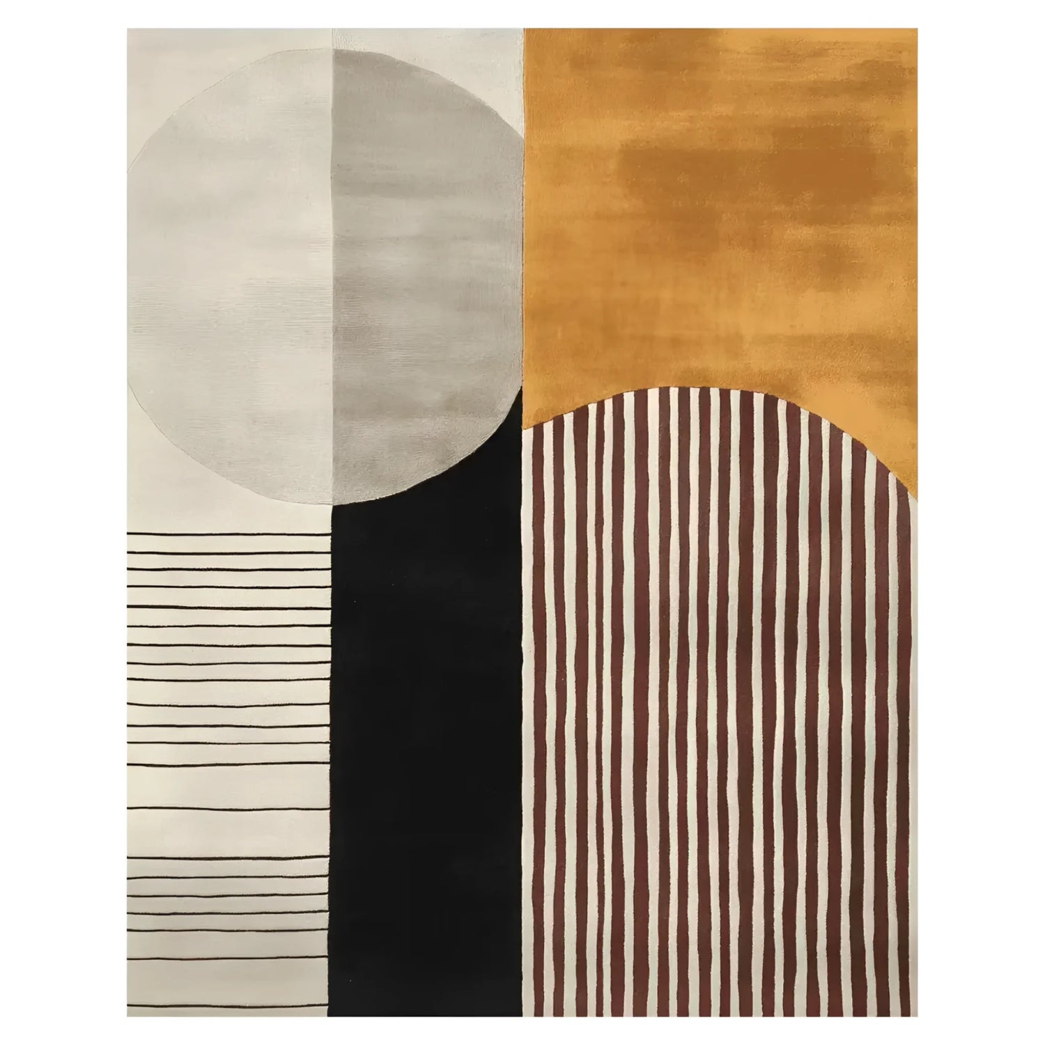 Explore the Stripe Harmony Hand Tufted Area Rug, a perfect contemporary rug for modern living rooms. This wool rug features a striking abstract design with geometric patterns in beige, black, and warm mustard tones, ideal for large living room spaces.