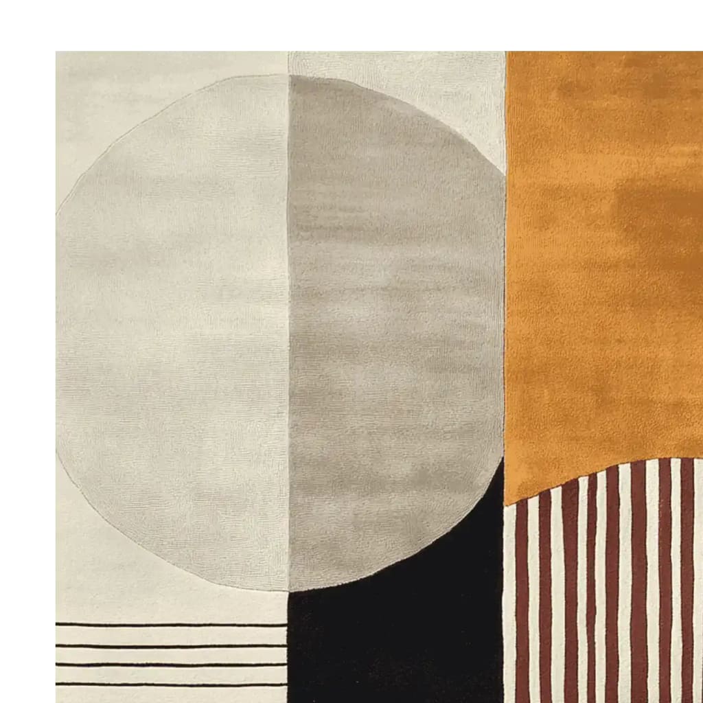 A contemporary area rug with an abstract geometric design featuring a large circle in neutral tones and bold stripes in earthy colors. Perfect for adding a modern touch to living rooms, this wool rug is ideal for those seeking large living room rugs that blend style and comfort.
