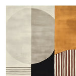 A contemporary area rug with an abstract geometric design featuring a large circle in neutral tones and bold stripes in earthy colors. Perfect for adding a modern touch to living rooms, this wool rug is ideal for those seeking large living room rugs that blend style and comfort.
