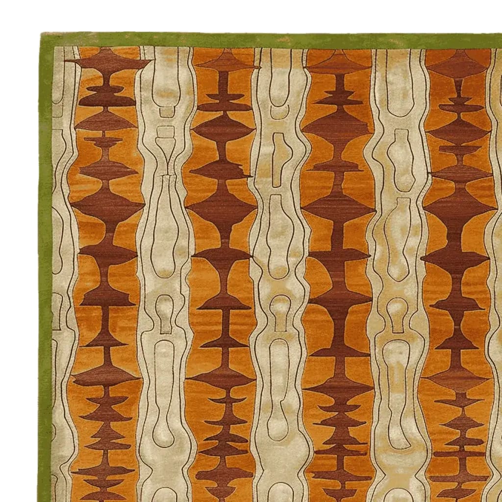 The Stripe Illusion Hand Tufted Rug features a bold and artistic design with warm tones of orange, brown, and cream. This contemporary wool area rug is perfect for large living rooms, adding style and comfort. Its unique pattern creates a striking visual effect, ideal for enhancing the aesthetics of your living space.