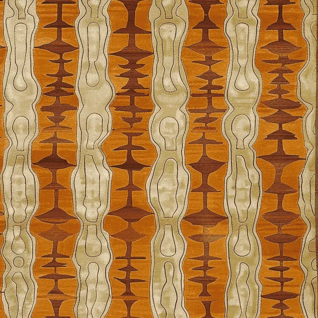 Top view of the Stripe Illusion Hand Tufted Area Rug, showcasing a contemporary design with abstract patterns in warm tones of orange and cream. Perfect for large living rooms, this wool rug adds a modern touch to any space.