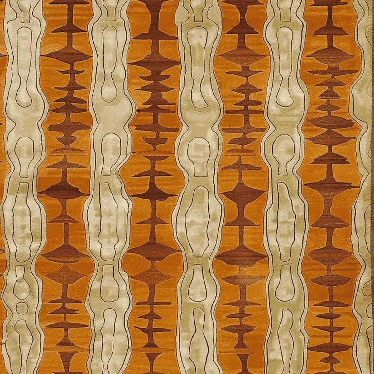 Top view of the Stripe Illusion Hand Tufted Area Rug, showcasing a contemporary design with abstract patterns in warm tones of orange and cream. Perfect for large living rooms, this wool rug adds a modern touch to any space.