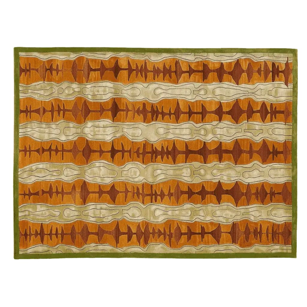 A striking area rug featuring bold, wavy patterns in warm orange and beige tones, framed by a subtle green border. This contemporary wool rug is perfect for adding a touch of modern elegance to large living rooms.