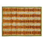 A striking area rug featuring bold, wavy patterns in warm orange and beige tones, framed by a subtle green border. This contemporary wool rug is perfect for adding a touch of modern elegance to large living rooms.