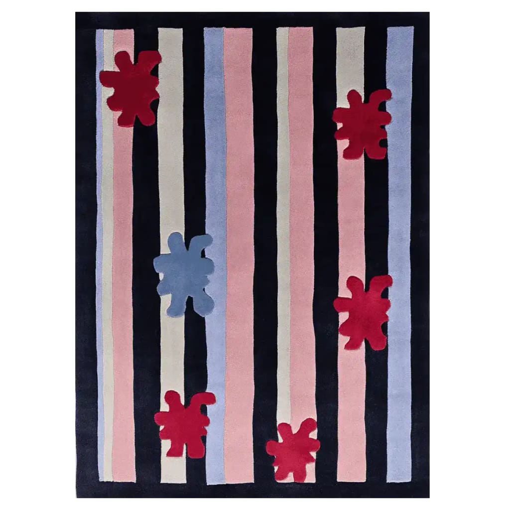 Top view of a Stripe Splat Pop Hand Tufted Area Rug featuring bold vertical stripes in pink, blue, and cream, accented with red and blue abstract splat designs. Ideal for adding a contemporary touch to living room area rugs, this wool rug is perfect for those seeking stylish rugs for living room spaces.