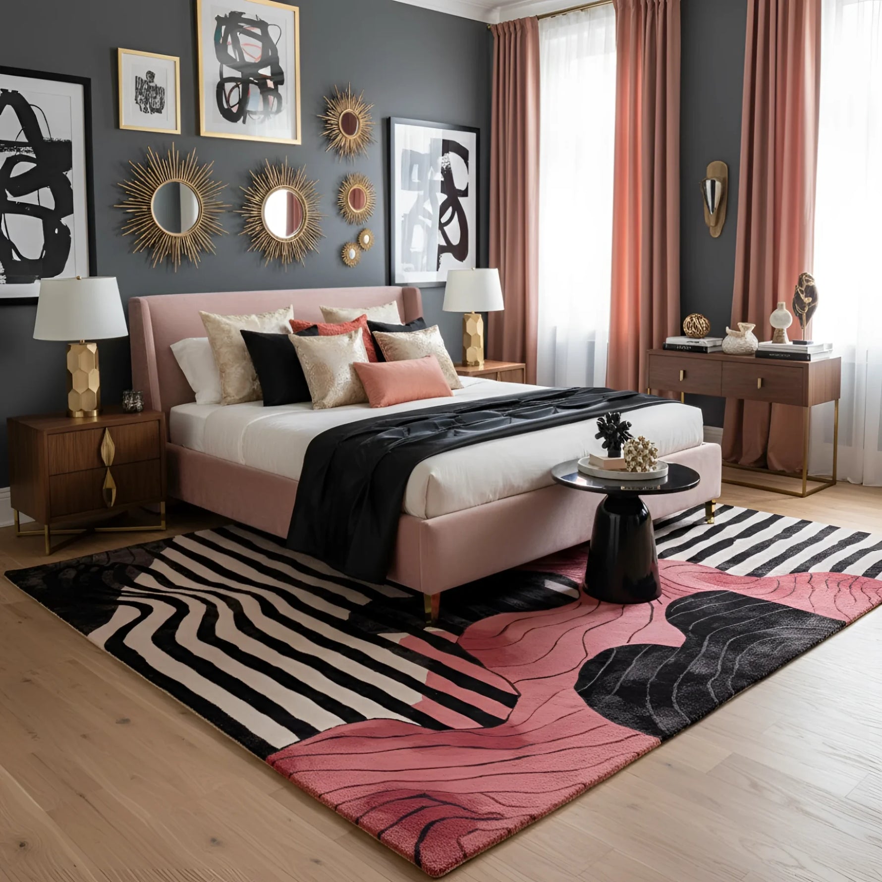 Modern bedroom with pink bed, decorative pillows, and a colorful rug.