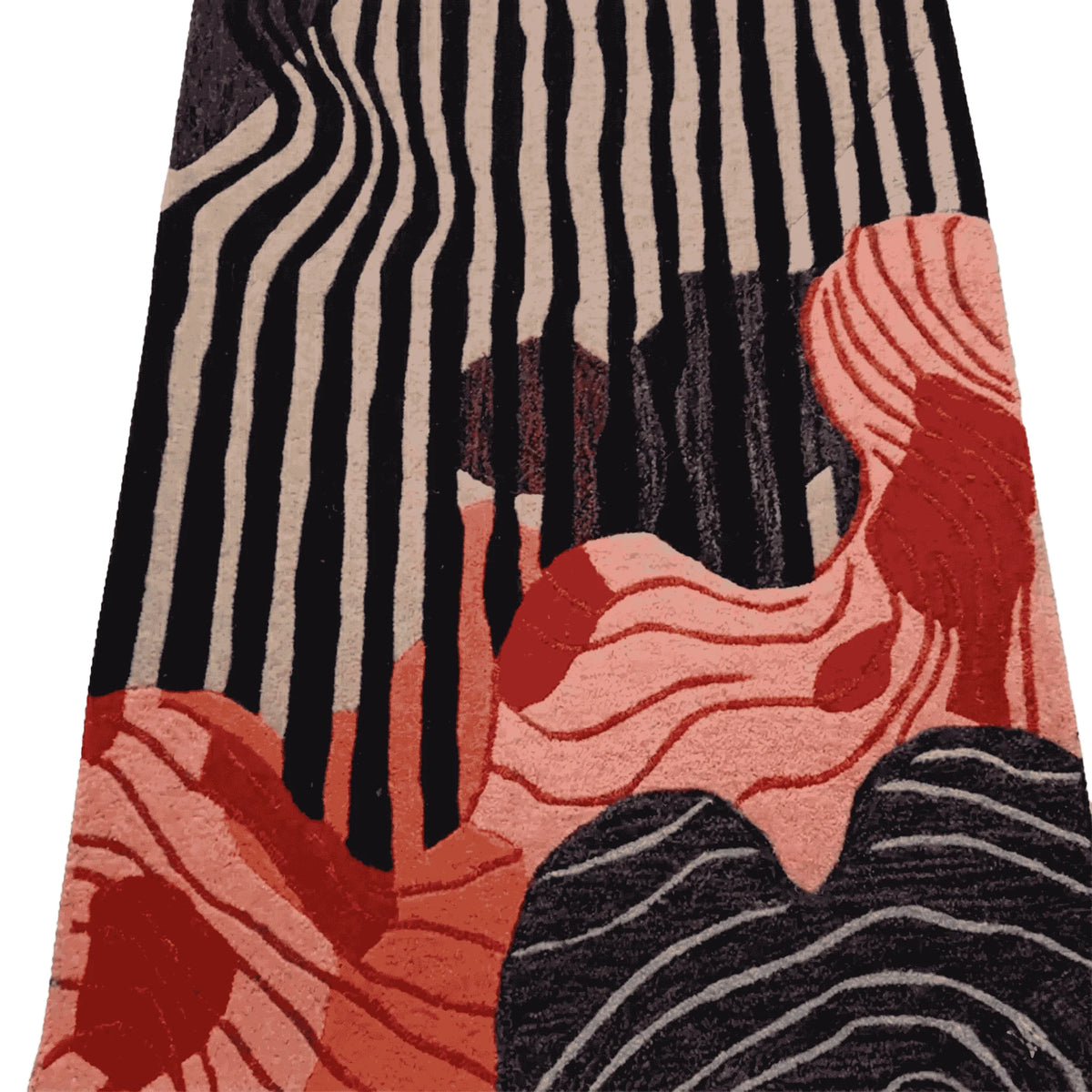 Abstract pattern with black, beige, and red shapes rug on a transparent background