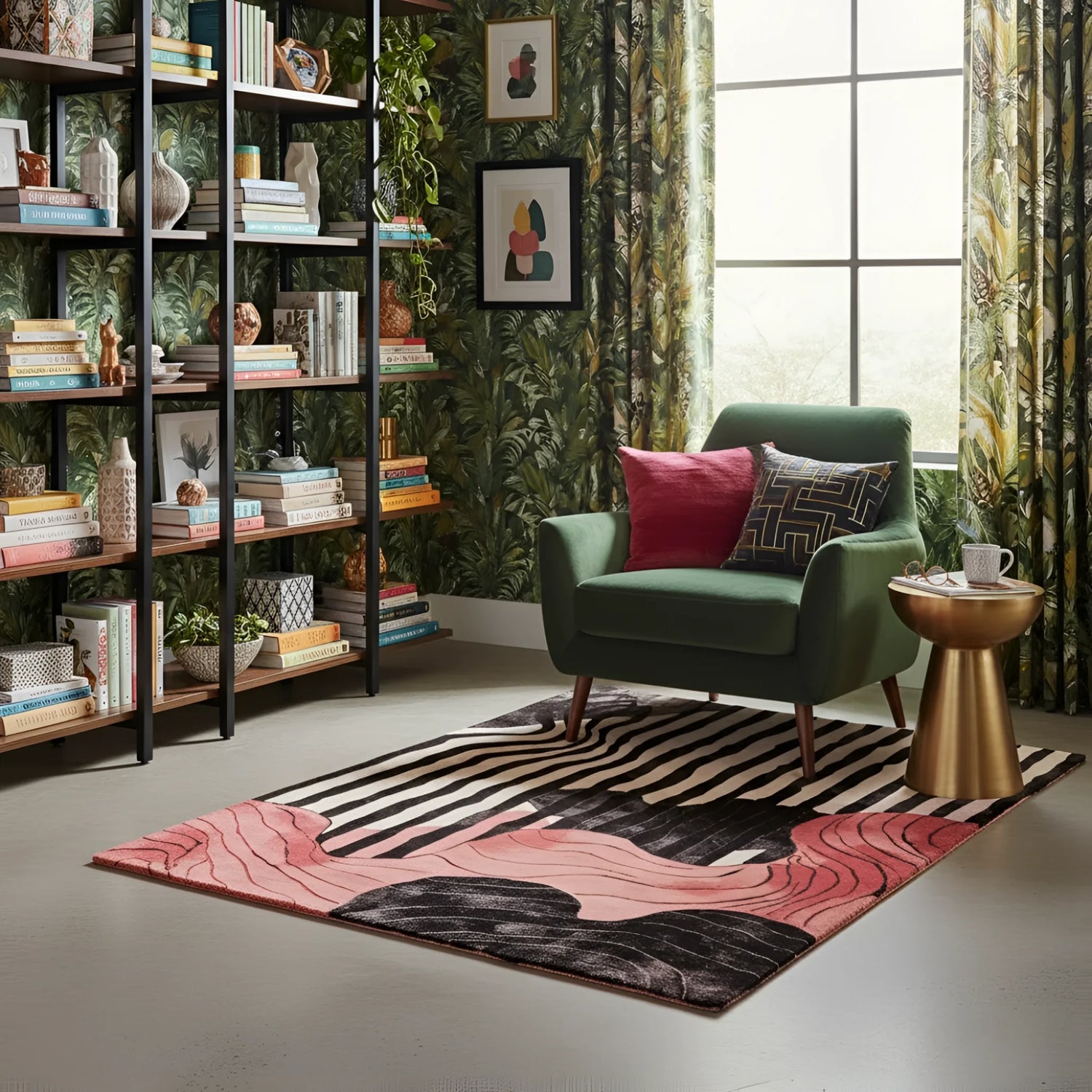 Green armchair with colorful cushions in a room with bookshelves, an abstract hand made rug, and a window.