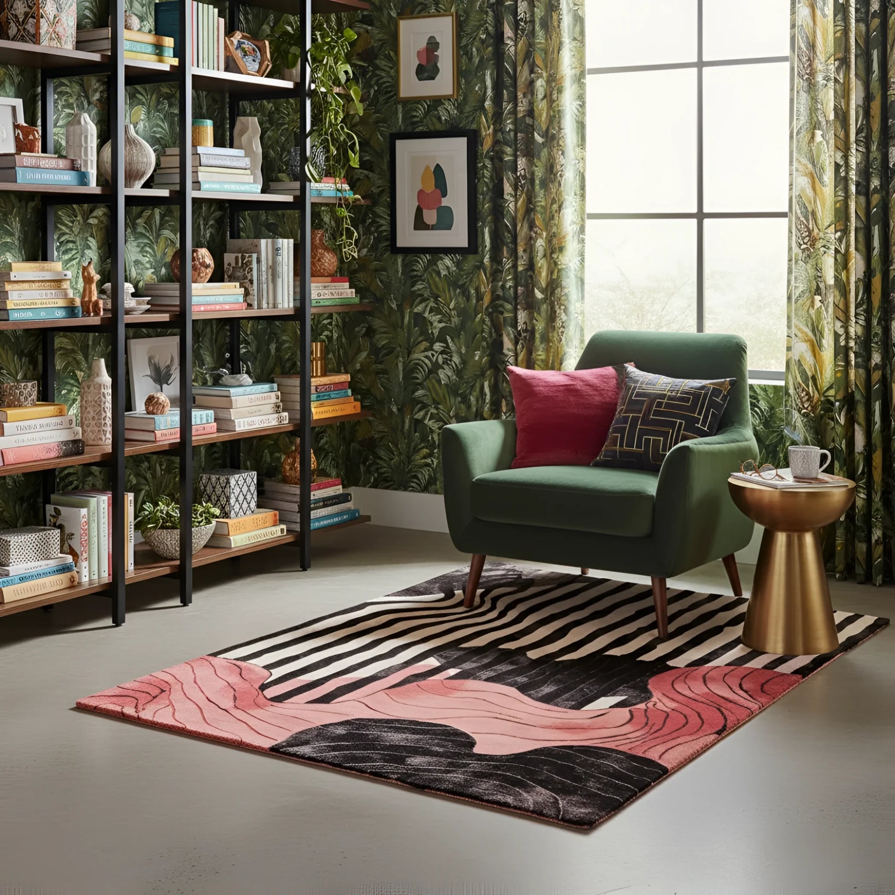 Green armchair with colorful cushions in a room with bookshelves, an abstract hand made rug, and a window.