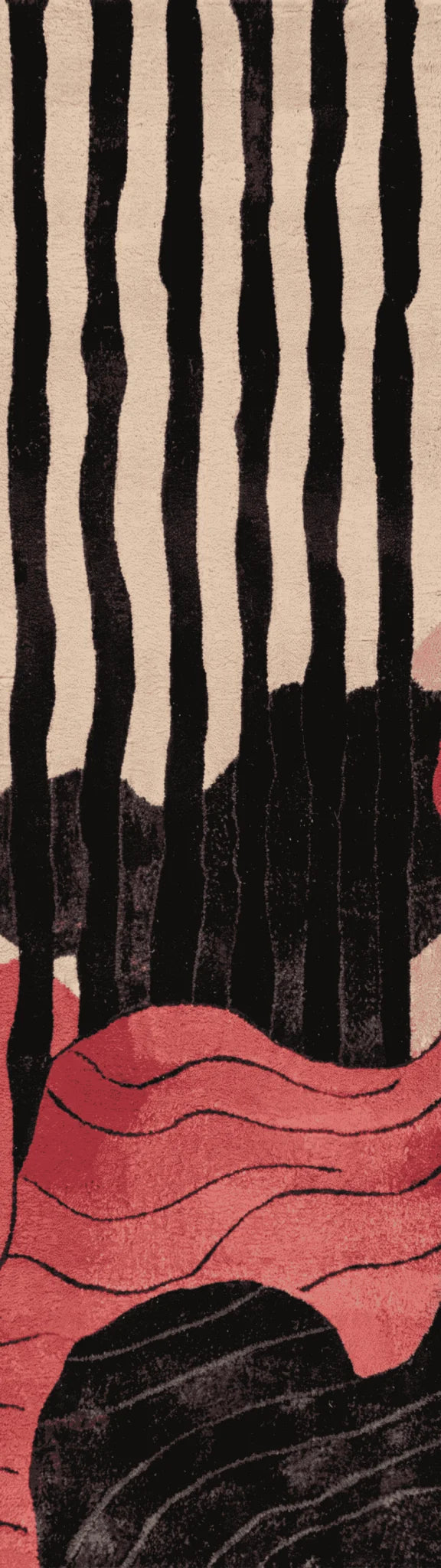 Abstract rug with black vertical stripes and red wavy patterns on a beige background