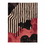 Abstract patterned rug with black, beige, and red design on a white background