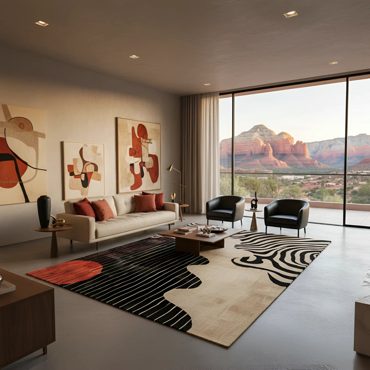 Modern living room with abstract stripped sunset hand tufted wool rug, a sofa, and large windows overlooking scenic mountains.
