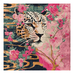 A stunning hand-tufted area rug featuring a vibrant leopard design surrounded by lush pink and green floral patterns. This wool rug is perfect for large living rooms, offering a unique touch with its square shape and bold colors. Ideal as a square area rug to enhance the aesthetic of any living space.