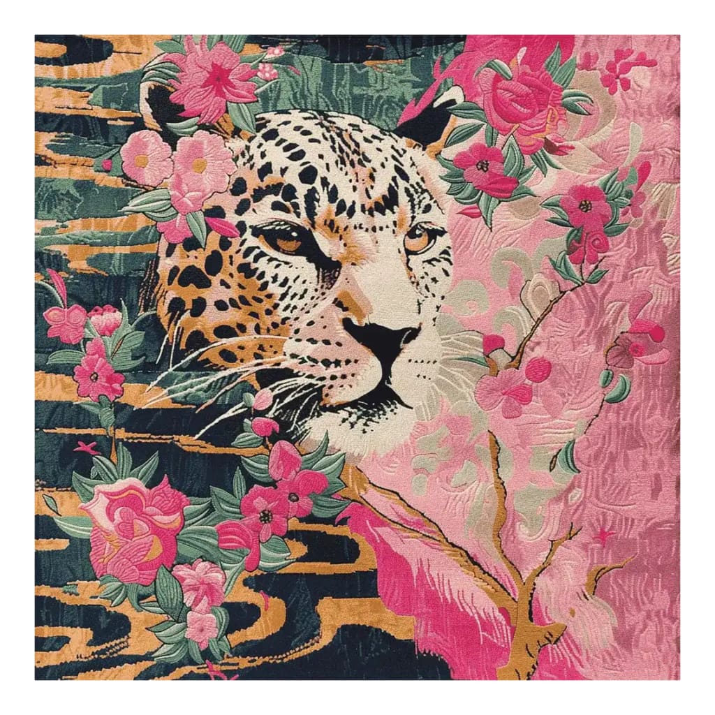 A stunning hand-tufted area rug featuring a vibrant leopard design surrounded by lush pink and green floral patterns. This wool rug is perfect for large living rooms, offering a unique touch with its square shape and bold colors. Ideal as a square area rug to enhance the aesthetic of any living space.
