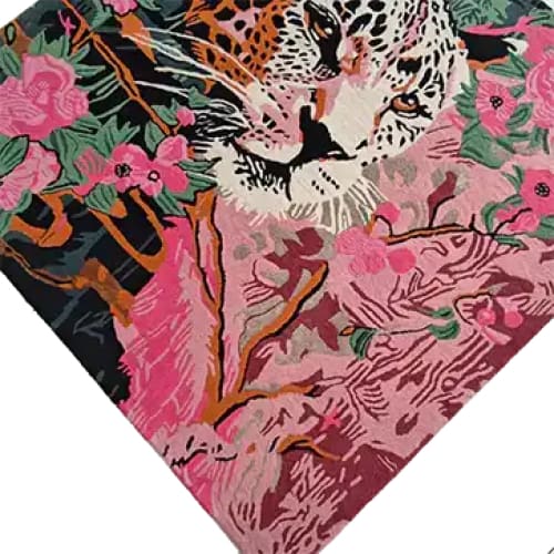 Vibrant wool area rug featuring a striking floral design with a leopard motif, perfect for large living room spaces. This square rug is an eye-catching centerpiece that blends artistic flair with the practicality of a hand-tufted wool rug, making it an ideal square area rug for enhancing your living room decor.