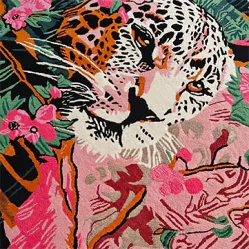 Vibrant wool area rug featuring a striking tiger design intertwined with lush pink and green floral patterns. Perfect for adding a bold statement to large living room spaces, this square rug brings an artistic touch to your decor. Ideal for those seeking unique living room area rugs that blend nature and contemporary style.