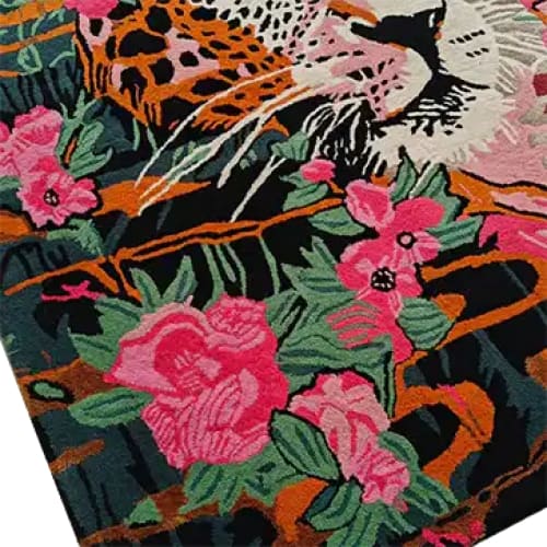 This vibrant area rug features a striking combination of floral patterns and abstract animal motifs, perfect for adding a bold touch to large living rooms. Made of high-quality wool, this square rug presents an exquisite blend of colors and textures, making it a standout piece among living room area rugs. Ideal for those seeking a unique wool rug that combines style and durability.