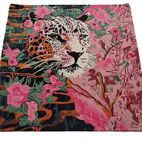 A vibrant hand-tufted area rug featuring a striking abstract design with a tiger surrounded by lush floral patterns in pink and orange hues. This wool rug is a perfect square, ideal for large living rooms seeking a bold statement with its intricate floral and vine motifs.