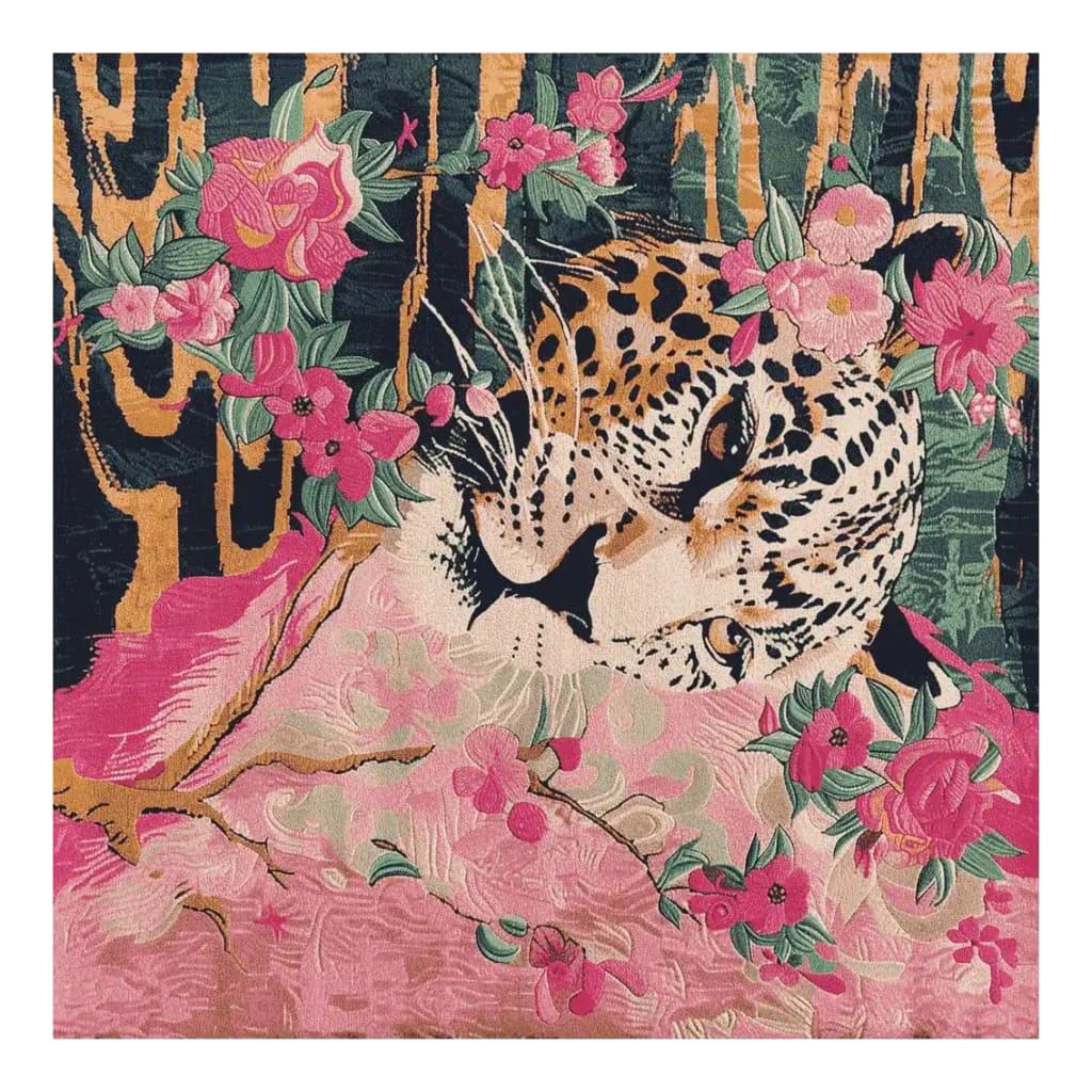 Striking area rug featuring a vibrant design with a leopard surrounded by lush pink and green floral patterns. This square wool rug is perfect for large living room spaces, offering a unique blend of abstract art and nature-inspired elegance. Ideal as a living room area rug, this floral rug adds a bold statement to any decor.