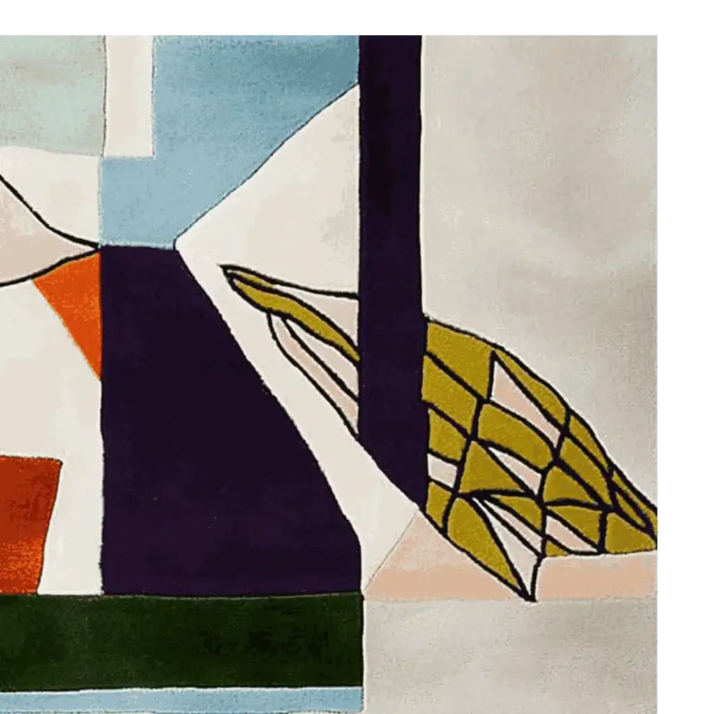 A vibrant and contemporary wool area rug with an abstract design featuring bold geometric patterns in shades of blue, orange, and mustard. Ideal for large living rooms, this hand-tufted rug adds a modern touch to any space, perfect as a centerpiece in area rugs for living rooms.