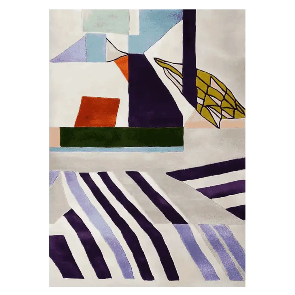 A vibrant area rug with abstract geometric patterns in bold colors, perfect for large living rooms. This contemporary wool rug features a mix of stripes and shapes, ideal for adding a modern touch to your space.