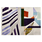A contemporary hand-tufted wool rug showcasing an abstract design with bold stripes and geometric patterns. Perfect for large living rooms, this area rug combines vibrant colors like purple, green, and orange to create a striking centerpiece.