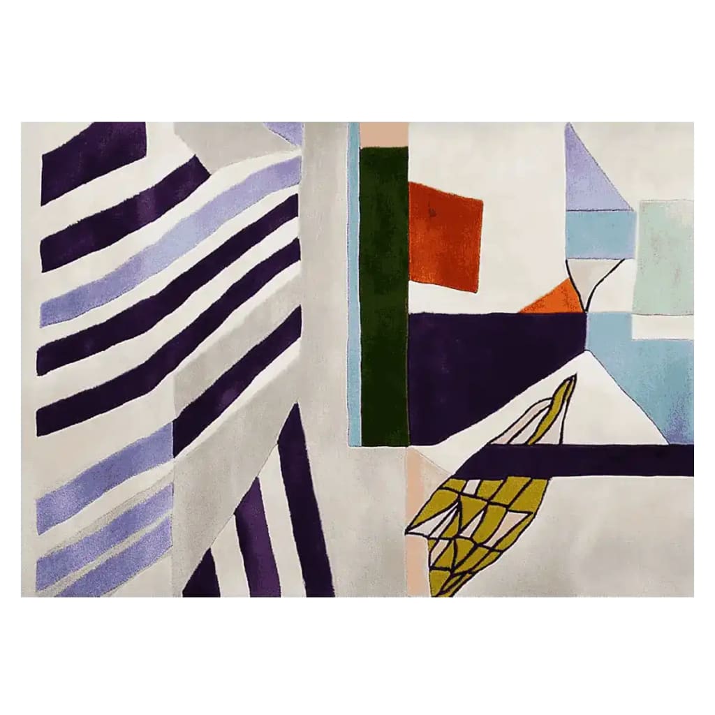 A contemporary hand-tufted wool rug showcasing an abstract design with bold stripes and geometric patterns. Perfect for large living rooms, this area rug combines vibrant colors like purple, green, and orange to create a striking centerpiece.