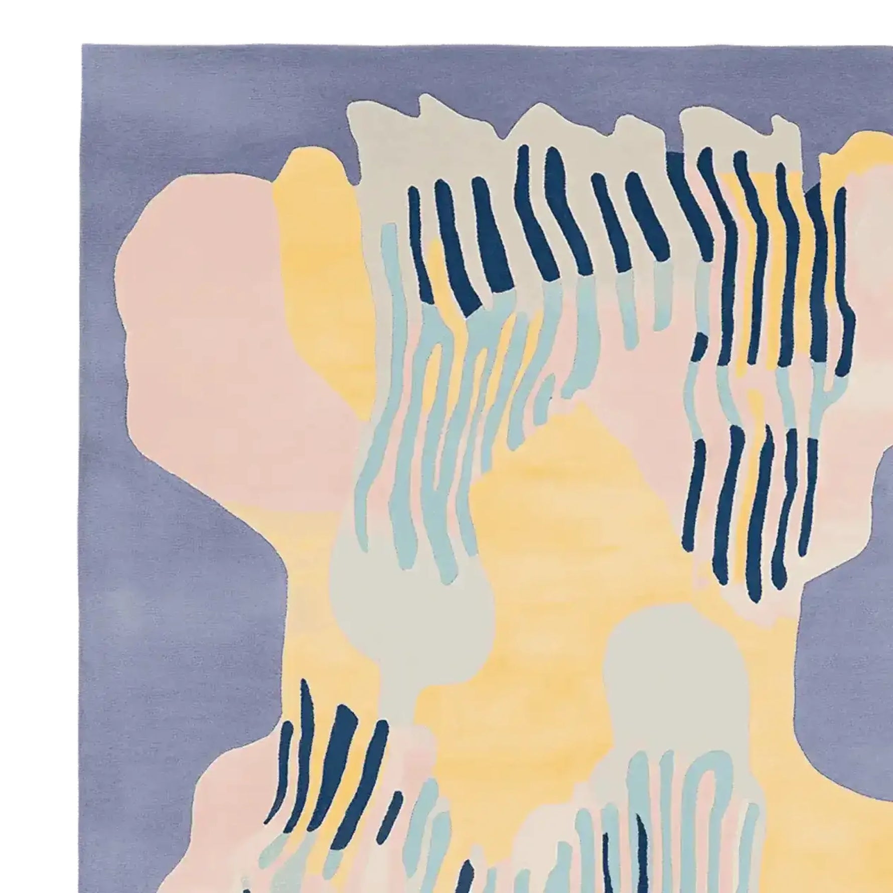 Top view of the Strokes of Serenity Hand Tufted Area Rug, showcasing its contemporary abstract design in soft pastel colors, ideal for adding a modern touch to rugs for living room. This wool rug features wavy patterns in blue, yellow, and pink, creating a serene visual appeal.