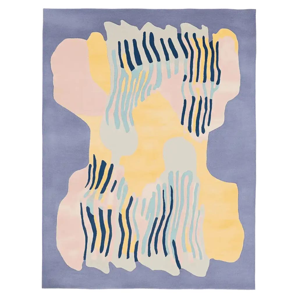A contemporary area rug with an abstract design featuring wavy lines and pastel colors, perfect for adding a touch of modern style to any living room. This hand-tufted wool rug showcases a blend of blue, yellow, and pink hues, making it a striking centerpiece in your home decor.