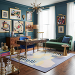 Modern living room with a desk, sofa, an abstract wool rug, and colorful artwork on a blue wall.