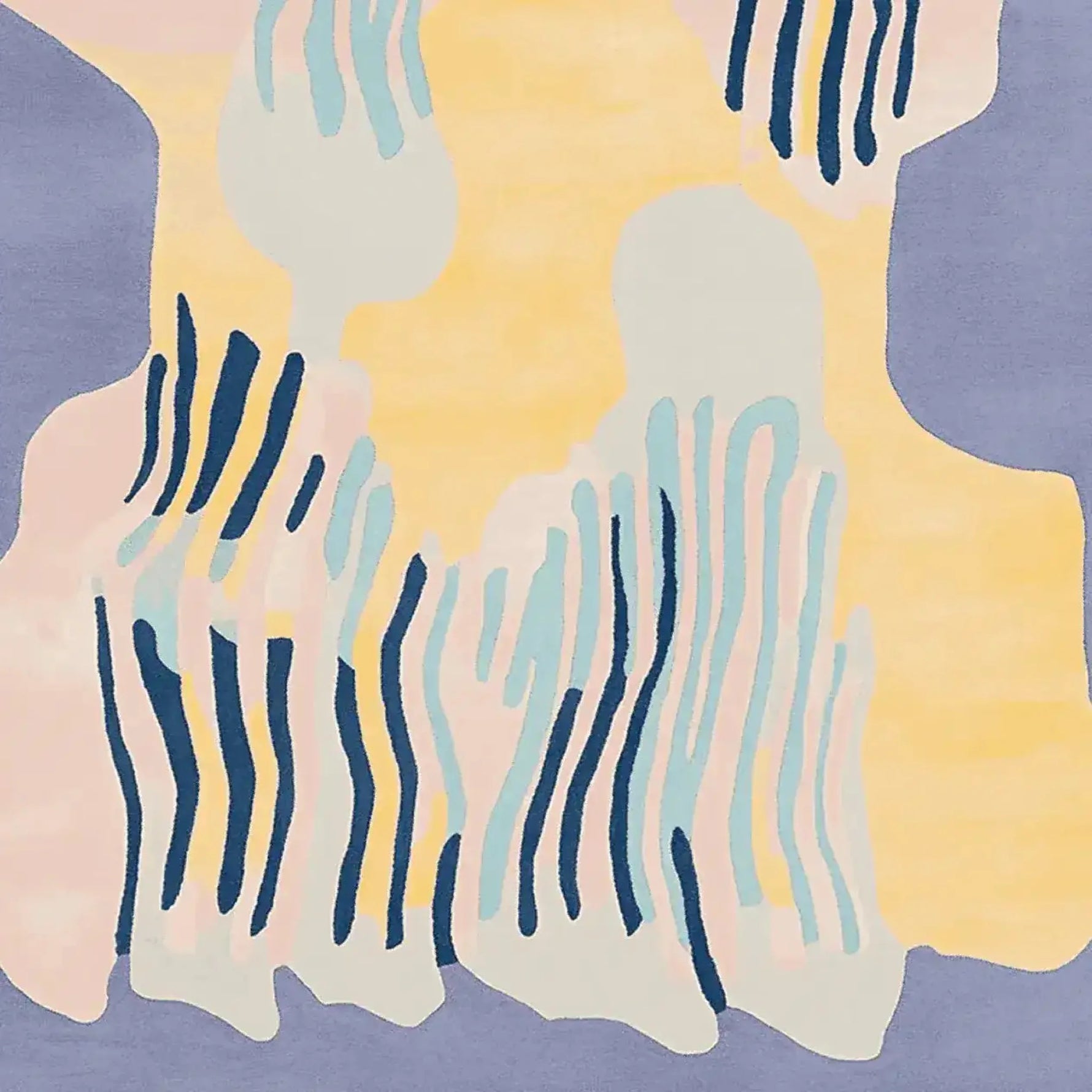 A vibrant hand-tufted area rug featuring an abstract design with flowing lines and organic shapes in shades of blue, yellow, and pastel. Perfect for adding a contemporary touch to any living room, this wool rug combines artistry with comfort.