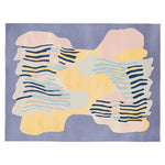 A vibrant hand-tufted area rug with abstract patterns in shades of blue, yellow, and pink, perfect for adding a contemporary touch to your living room. This wool rug, titled 'Strokes of Serenity', showcases an artistic design with flowing lines and soft curves, ideal for modern home decor.