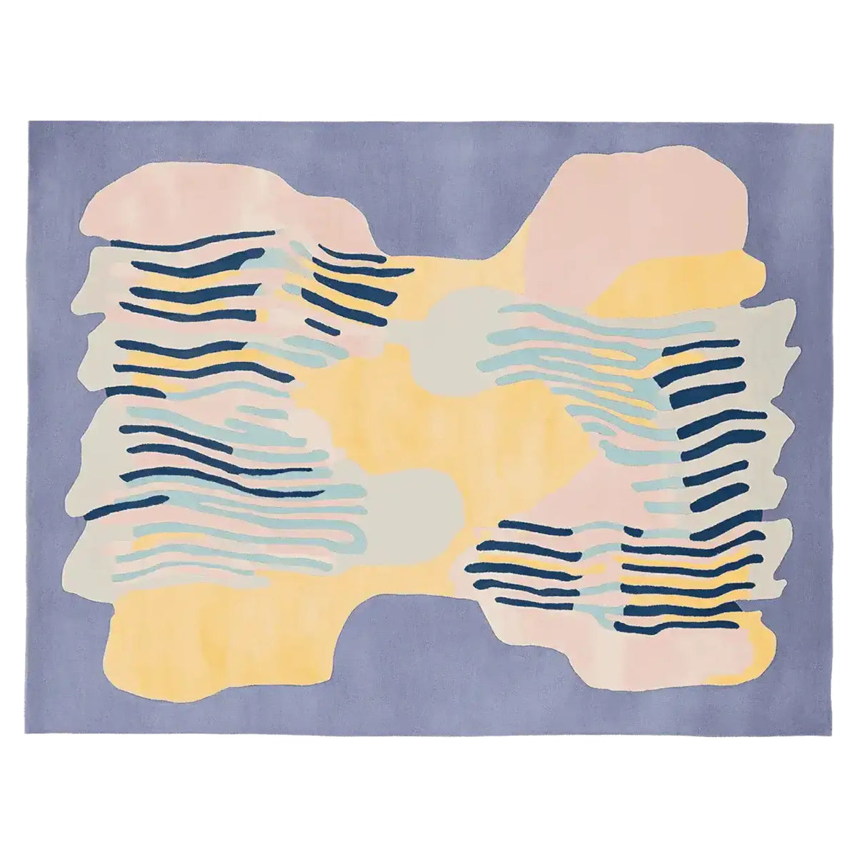 A vibrant hand-tufted area rug with abstract patterns in shades of blue, yellow, and pink, perfect for adding a contemporary touch to your living room. This wool rug, titled 'Strokes of Serenity', showcases an artistic design with flowing lines and soft curves, ideal for modern home decor.