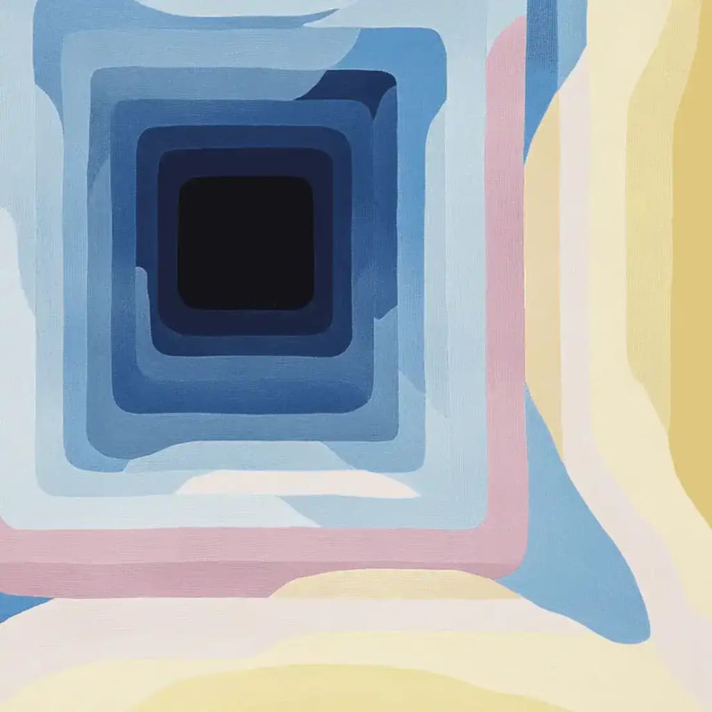 A striking area rug with a contemporary design featuring concentric squares in shades of blue, pink, and yellow. This wool rug is perfect for large living rooms, offering a modern touch with its bold geometric pattern. Ideal as a square area rug for those seeking unique rugs for their living room.