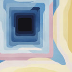 A striking area rug with a contemporary design featuring concentric squares in shades of blue, pink, and yellow. This wool rug is perfect for large living rooms, offering a modern touch with its bold geometric pattern. Ideal as a square area rug for those seeking unique rugs for their living room.