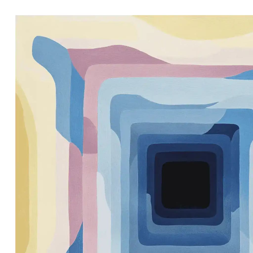 A vibrant, contemporary area rug featuring an abstract design with layered rectangles in shades of blue, pink, and yellow. This wool rug is perfect for adding a modern touch to large living rooms. Its square shape makes it an ideal square area rug for any stylish space.