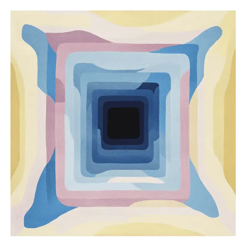 A vibrant Struck by Hue Hand Tufted Rug featuring an abstract design with layered geometric patterns in blue, pink, and yellow hues. This contemporary square area rug is perfect for large living room spaces, crafted from high-quality wool to add a modern touch to your home decor.