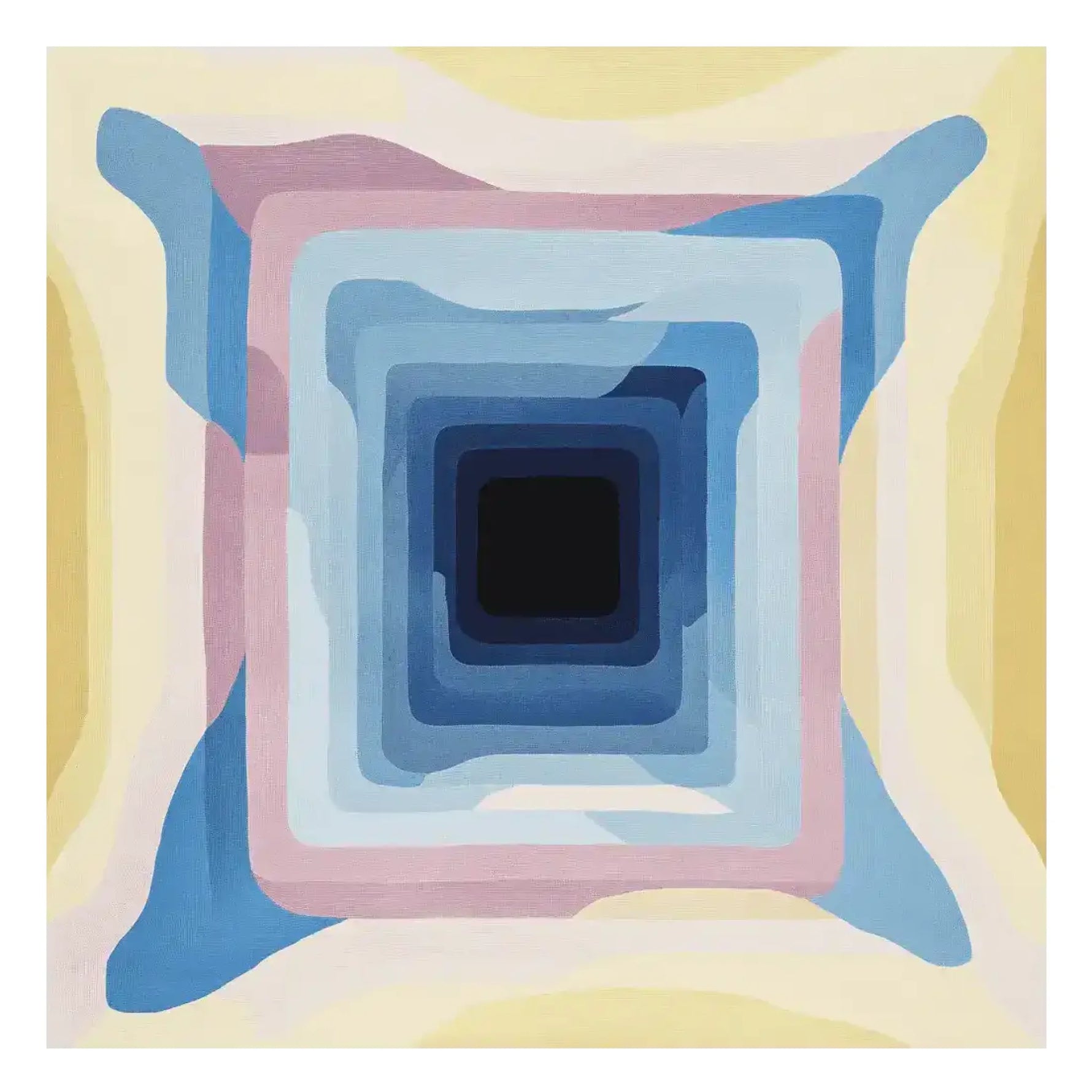 A vibrant Struck by Hue Hand Tufted Rug featuring an abstract design with layered geometric patterns in blue, pink, and yellow hues. This contemporary square area rug is perfect for large living room spaces, crafted from high-quality wool to add a modern touch to your home decor.