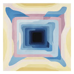 A vibrant, hand-tufted wool area rug displaying a contemporary square design with layered abstract patterns in shades of blue, pink, and yellow. Perfect for large living rooms, this square area rug adds a modern touch to any space.