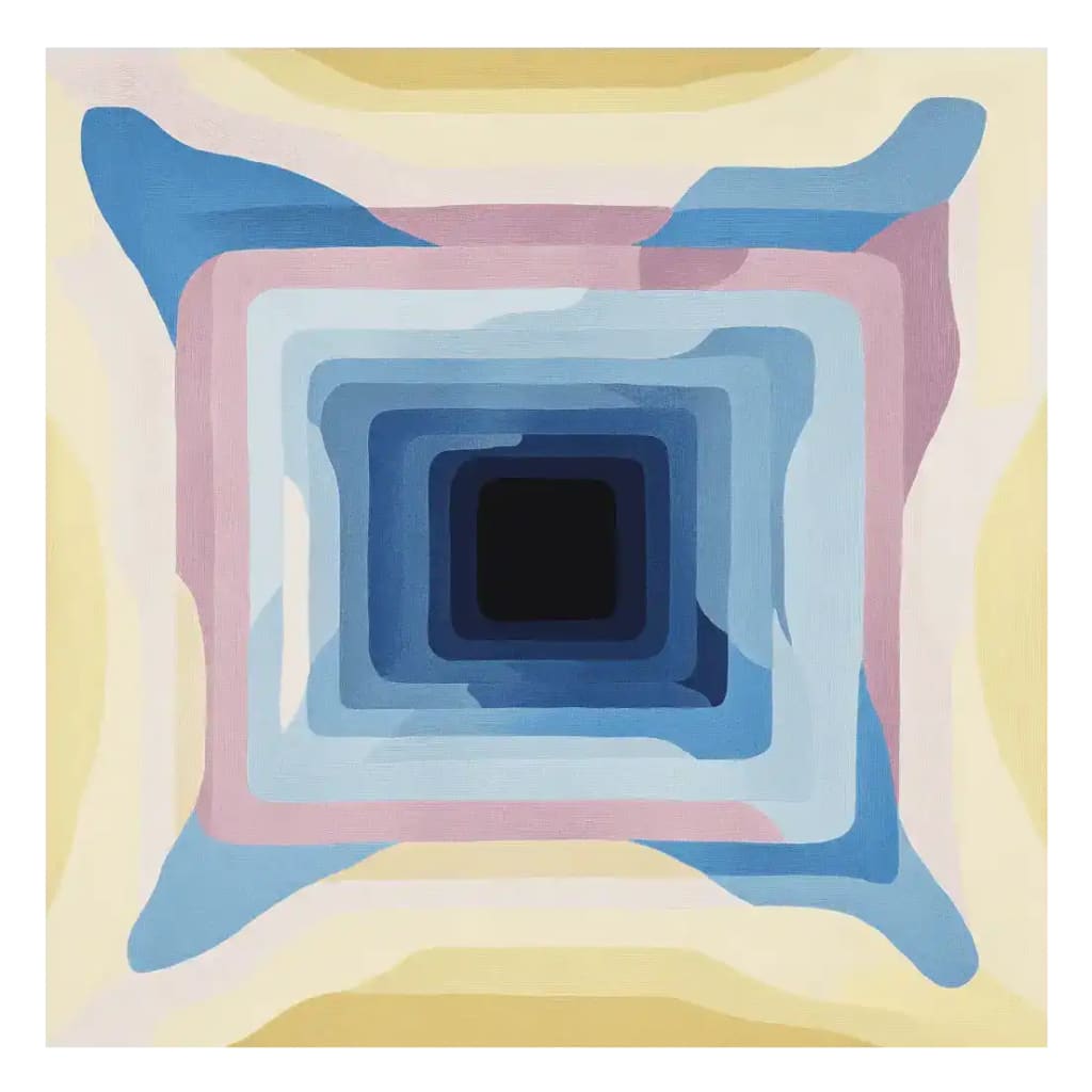 A vibrant, hand-tufted wool area rug displaying a contemporary square design with layered abstract patterns in shades of blue, pink, and yellow. Perfect for large living rooms, this square area rug adds a modern touch to any space.