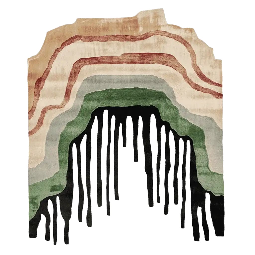 A unique Structure in Collapse Hand Tufted Area Rug showcasing an abstract design with earthy tones. This contemporary rug features flowing layers of beige, brown, green, and black, perfect for adding a modern touch to living room area rugs. Crafted from wool, it blends style and comfort seamlessly, ideal for rugs for living room settings.